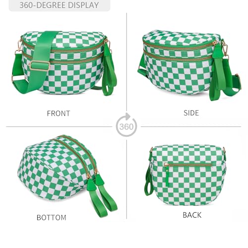 Pure Colour Crossbody Bum Bags for Women Spacious Checkered Cross body Bag Nylon Trendy Fanny Pack for Travel - color: Green Checkered