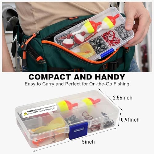 Fishing Tackle Kit Beginners, 58pcs Kids Tackle Box Includes Fishing Hooks Bobbers Sinkers Swivel Snaps Soft Lure Jig Heads Fishing Gifts for Men Starter Equipment