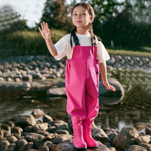 SooGree Kids Chest Wader with Non-Slip Boots,Youth Fishing Hunting Waterproof Waiters, Children Boys Girls Breathable Waders - color: Pink, size: Foot length：7.28"；Height：43.3"-47.24"