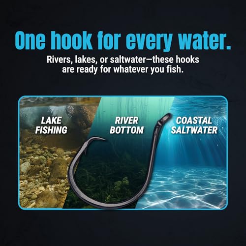 Reaction Tackle Heavy Wire Catfish Hooks - High Carbon Steel for Channel, Blue and Flathead Catfish - Sharp Offset Point, Freshwater and Saltwater Fishing (25-Pack) - size: #5/0
