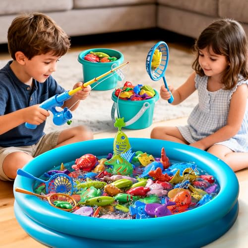 Magnetic Fishing Game Pool Toys for Kids 3 4 5 6 7 8, Water Table Bathtub Toys with Inflatable Pool, Bath Toys for Toddlers, Summer Outdoor Indoor Magnetic Fishing Toys Gifts for Boys Girls 3-5 4-8 - style: 51Fish+2Rod+2Net+2Bucket+Pool