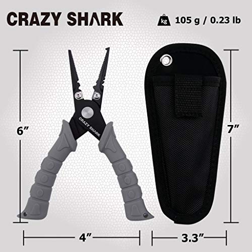 Fishing Pliers, Stainless Steel Fishing Tools, Saltwater Resistant Fishing Gear, Tungsten Carbide Cutters, Split Ring Pliers, Hook Remover with Coiled Lanyard and Sheath - color: Grey - 6" Split Ring Nose