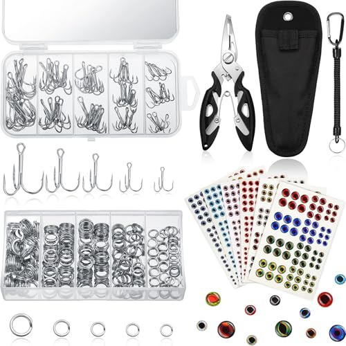 Skylety 200 Pcs Fishing Stainless Steel Split Rings, 50 Treble Hooks, Lure Tackle Connector Fishing Pliers, Fish Lanyard and 876 Lure Eyes for Tackle Fish - color: Black