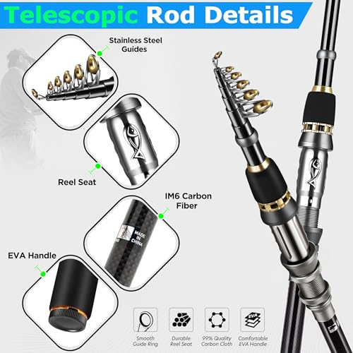 PLUSINNO Fishing Rod, Telescopic Fishing Rod and Reel Combo, Collapsible Travel Fishing Pole Rod Starter Kit, Carbon Fiber Fishing Rods and 12 +1 Bearings Stainless Steel, Fishing Gifts for Men Adults - color: Full Kit with Fishing Tackle Box, size: 1.8m