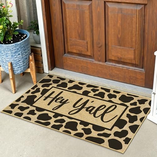 Mat Front Back Door Welcome Entrance Doormat Outdoor Cow Print Mat Non-Slip Backing Floor Mats Inside Low Profile Matt for Patio Porch Outside Entryway Rug for Housewarming Gift Home Decor 16.9"x29.9" - color: Hey Y'all