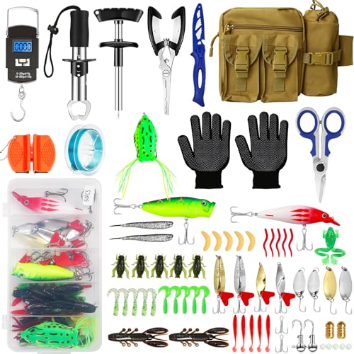 Fishing Tool Kit - 112pcs Fishing Gear & Equipment, Fish Pliers, Hook Remover, Scale, Scissors, Lip Gripper, Lures - color: Blue