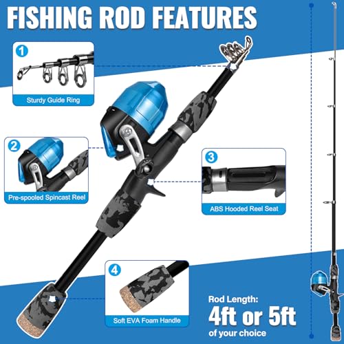 PLUSINNO Kids Fishing Pole with Spincast Reel Telescopic Fishing Rod Combo Full Kits for Boys, Girls, and Adults - color: Black, size: 4FT / 1.2M