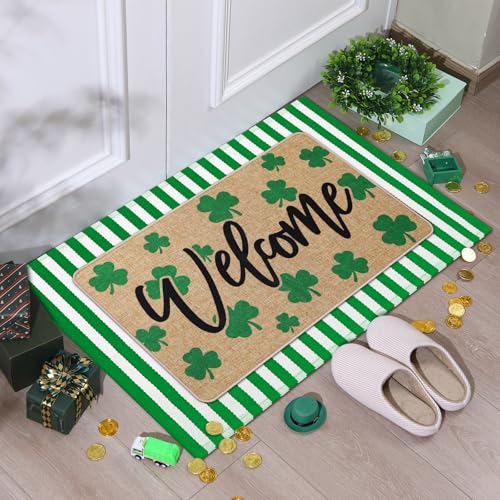 Tinideya 2 Pcs St. Patrick's Day Doormats Welcome Outdoor Irish Shamrock Lucky Clover Door Mats Layered Front Door Rugs Non Slip Floor Mats for Porch Entryway Outdoor - size: 16 x 28 Inch,24 x 35 Inch, style: Shamrock