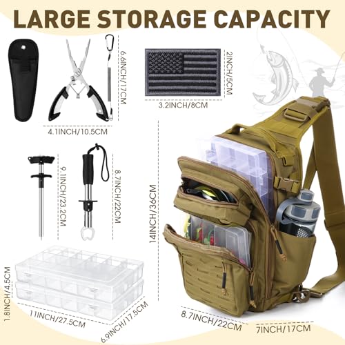 RoundFunny 9 Pcs Fishing Tool Kit Pliers Gear and Equipment Include Large Fishing Backpack, Tackle Box, Gripper, Plier, Lanyard, Hook Separator, Sheath, Patches - color: Wolf Brown