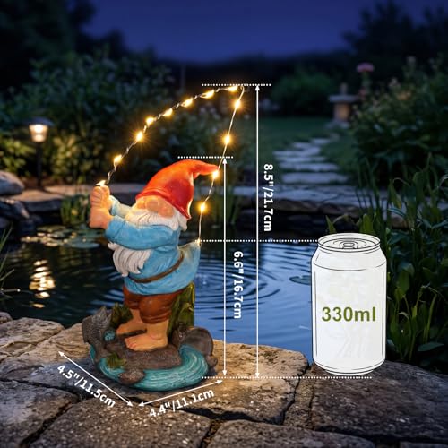 EXYGLO Solar Gnome Garden Statue Decor, 8.5" Fishing Gnome Outdoor Funny Decoration for Lawn, Patio, Yard, and Unique Housewarming, Birthday Ornament Gift for Mother, Friend, Family - style: Fishing Gnome