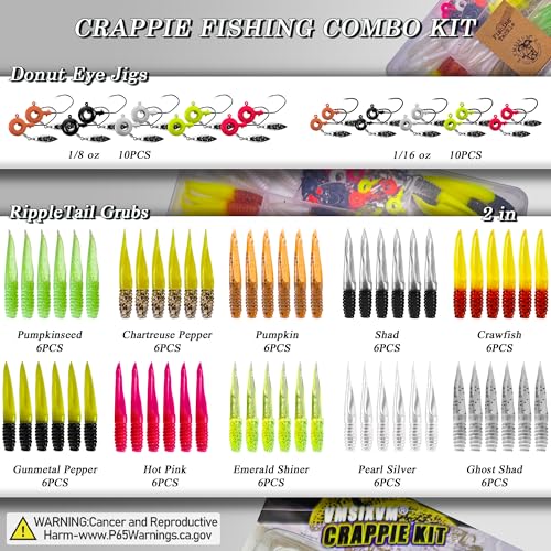Crappie Lures Underspin Jigs Heads Worms Baits Kit, 110, 80 Pcs Crappie Fishing Jig Heads Soft Plastic Grub Swimbait for Panfish Bluegill Bass Trout Freshwater Saltwater