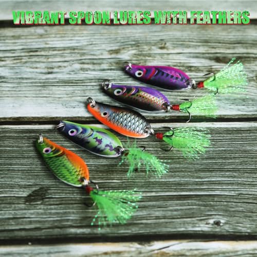 Fishing Spoons, Wide-Body Trolling Spoons with Treble Hooks for Bass, Trout, Pike, Walleye, Catfish Fishing Spoon Lures 5-Pack - color: 3/8oz feathered treble hook spoons