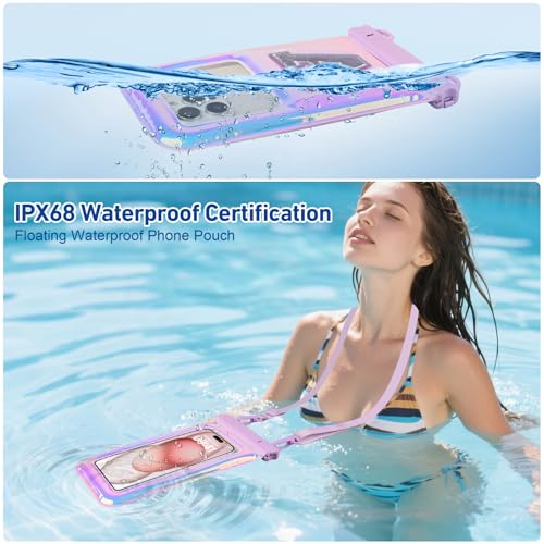 Waterproof Phone Pouch Floating, IPX68 Waterproof Phone Case with Lanyard for iPhone 17 16 15 Pro Max Samsung S26 S25 S24 S23, Up to 7 Inch, Beach Vacation Essentials, Iridescent Purple Letter - color: Iridescent Purple Letter