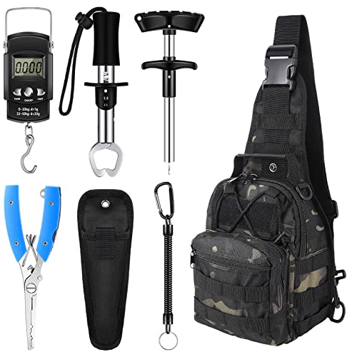 Hungdao 7 Pcs Fishing Backpack Tool Kit Fish Gear Fish Hook Pliers Remover Digital Scale Gripper Sheath Lanyards Hook Separator for Saltwater Freshwater Fishing Men Gift - style: Classic Style