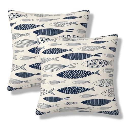 Ornamental Fish Throw Pillow Covers Watercolor Blue Fish Square Pillow Cases 18x18 Inch Set of 2 Cute Sea Sketch Outdoor Decorative Pillowcase Cushion Cover for Couch Sofa - color: Blue Beige, size: 18" x 18" (Pack of 2)