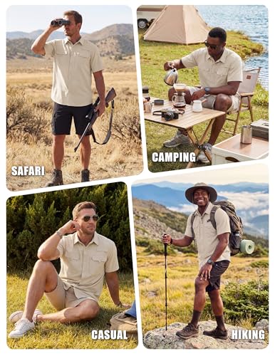 WULFUL Men's Sun Protection Fishing Shirts UPF 50+ Lightweight Quick Dry Cooling Short Sleeve Shirts for Work Hiking Safari - color: Khaki, size: Large