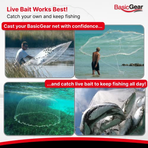 BasicGear Cast Net | Lead, 3ft-12ft Radius, 3/8 or 1/4 inch Mesh for Freshwater and Saltwater Bait Fish| Professional Grade and Upgraded Material | Throw Style - size: 8ft Radius, 1/4" Mesh