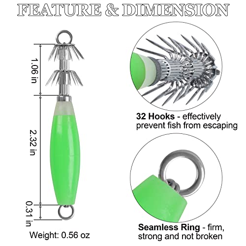 Luminous Squid Jig Hooks Saltwater Glow Squid Jigs Fluoresent Cuttlefish Sleeve Fishing Jigs Squid Hard Night Fishing Bait Octopus Lure Glow in Dark Green Color - color: 8pcs