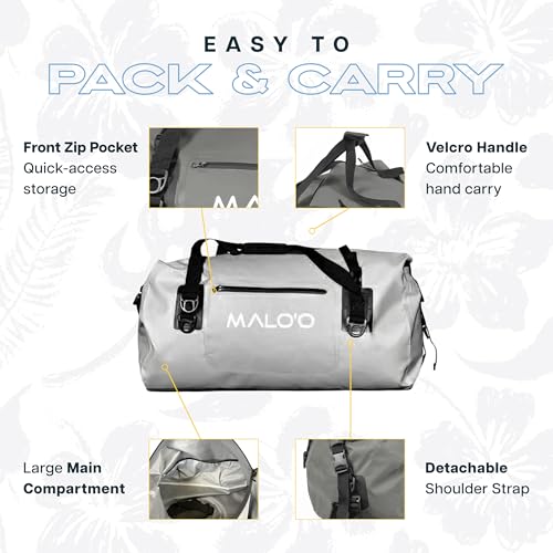 Malo’o Waterproof Dry Duffel, Heavy-Duty Roll Top Waterproof Gear Bag with Shoulder Strap & Molle Loops, Marine Duffel for Kayaking, Boating, Camping, Beach & Travel, Grey, 40L - color: Grey, size: 40L