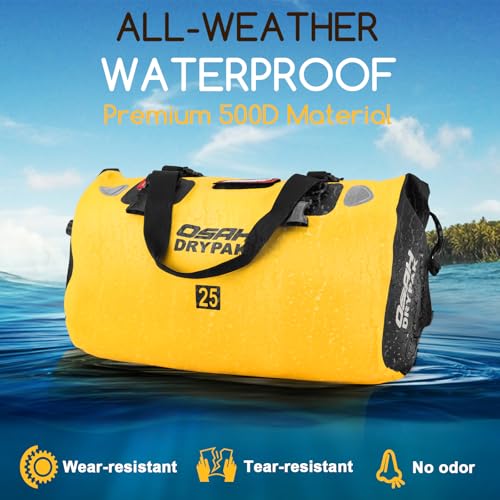 OSAH DRYPAK Waterproof Duffel Bag - Motorcycle Dry Bag Tail Bag with Large Storage Space, Waterproof Luggage Duffle Bags with Outer Mesh Zipper Pocket for Camping, Kayaking, Fishing & Traveling - color: Yellow, size: 25L