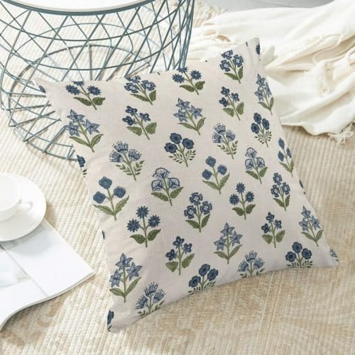 AEIOAE Blue Green Block Print Pillow Covers 18 X 18 Inch Set of 2, Floral Decorative Throw Pillow Covers Linen Outdoor Farmhouse Pillowcase Cushion Case for Home Sofa Decor - color: Floral3, size: 18" x 18" (Pack of 1)