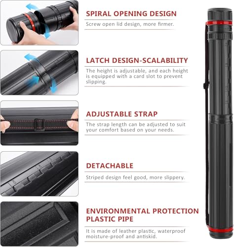 DEWEL Post Tube Expands from 30”to 51”, Waterproof Blueprint Holder Telescoping Art Tube, Large Plastic Black Fishing Rods Case Storage Tube, Light Resistant Drawing Tube with Strap (XL Size) - color: Black (Striped), size: X-Large