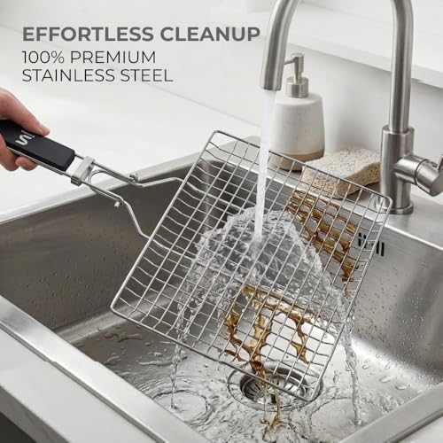 BBQ Grill Basket for Outdoor Cooking, Stainless Steel Fish Basket with Detachable Heat Resistant Handle, Lockable Design for Vegetables Shrimp Meat, Camping Cooking Rack, Grilling Accessories