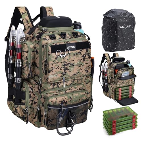 Goture Fishing Backpack with 4 Tackle Boxes,900D Water-Resistant Tackle Backpack with Rod Holders,Sunglasses Case,45L Large Storage Gear Bag with Rain Cover,Bottle Holder for Travel Camping Hiking - color: A2:camo 5#, size: Included 4 Tackle Boxes