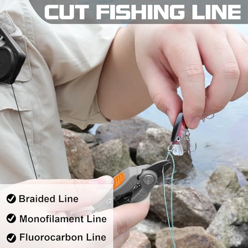 Booms Fishing Line Cutter with Retractor: Mini Fishing Scissors for Braided Momo Fluoro Line - Braid Scissors Saltwater with Hook Eye Cleaner - Serrated Shears with Locking Feature, FR1 Orange - color: Orange