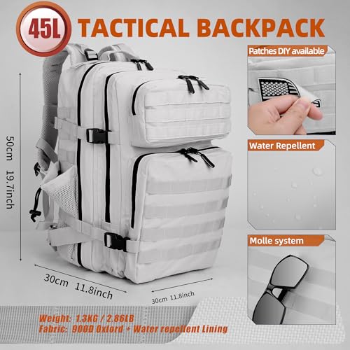 LUPU TACTICAL 45L Backpack for Men and Women 3 Days Assault Pack Outdoor Travel Hiking Camping Rucksack with Molle Webbing (White)