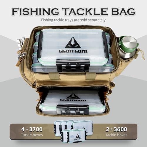 Ghosthorn Fishing Tackle Bag with Rod Holder Saltwater & Freshwater Resistant Large Tackle Box Bag - Waterproof Base, Adjustable Padded Shoulder Strap (Khaki) - color: Khak-Waterproof Bottom, size: Large
