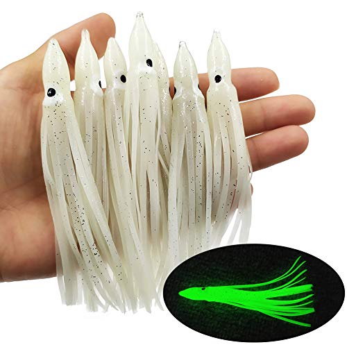 Squid Skirts Fishing Saltwater Glow Trolling Squid Swimbait Lures Luminous Octopus Skirts Soft Plastic Fishing Bait for Bass Salmon Trout 1.96in,3.54in,4.33in Pack of 20 - color: Glow, size: 3.54"