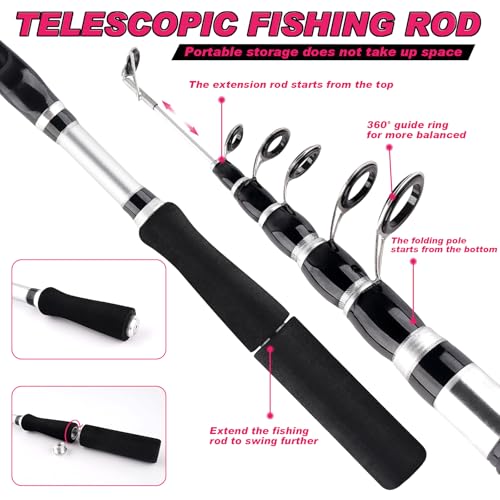 2PCS Telescopic Fishing Rods and Reels Combo Set 6.89ft Portable Fishing Pole Spinning Reel Lures Accessories with Storage Bag Saltwater Freshwater Fishing Pole Combo Fishermen Gift