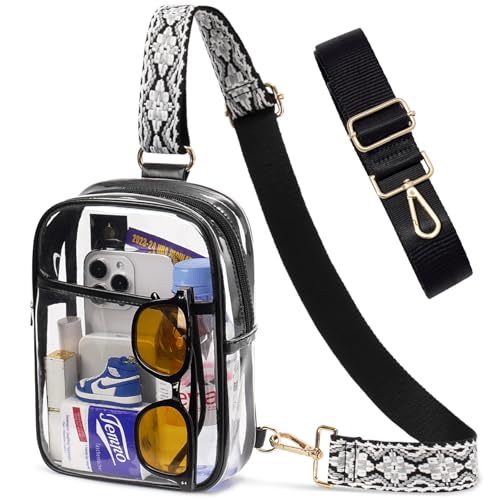 3 Pockets Clear Bag for Stadium Events with 2 Long Straps Sling Backpack Fanny Pack Concert Crossbody Purses for Women - color: 1# Black-d, style: Style 1