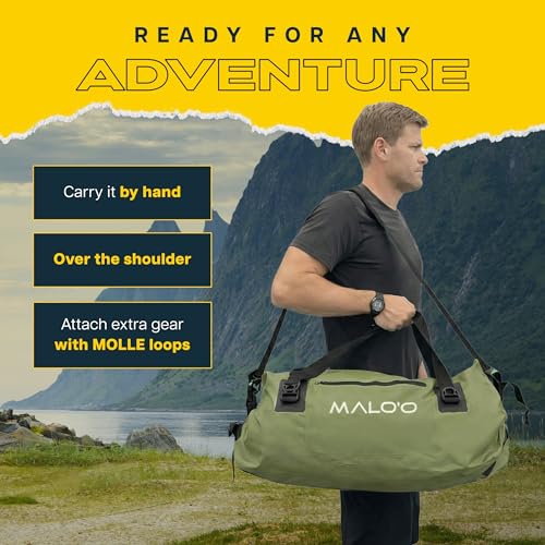 Malo’o Waterproof Dry Duffel, Heavy-Duty Roll Top Waterproof Gear Bag with Shoulder Strap & Molle Loops, Marine Duffel for Kayaking, Boating, Camping, Beach & Travel, Dark Green, 60L - color: Dark Green, size: 60L