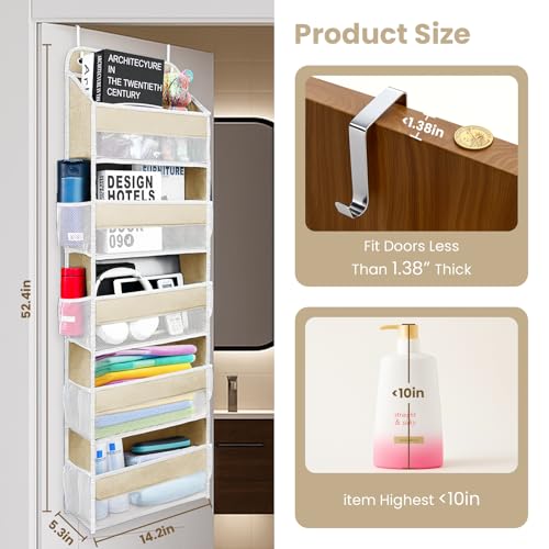 Space Saving Over The Door Organizer,5 Shelves & 8 Side Pockets,Anti Tilt Hanging Behind Door Storage,Heavy-Duty Reinforced Mesh Rack Holds 44lb for Bathroom,Pantry, Nursery,Closet, Shoes, Towels - color: Ivory White, size: 5 shelf
