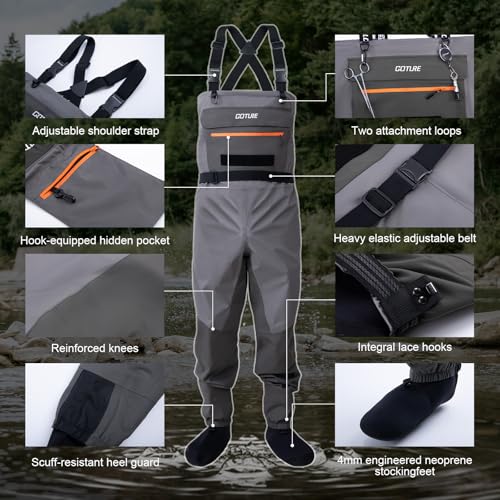 Goture 5-Layer Waterproof Stocking Foot Waders, Breathable Fly Fishing Waders for Men Women, Multiple Storage Pockets 5 Sizes - color: Gray With Bottle Holder - Gift Box Pack, size: XX-Large