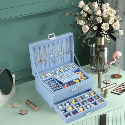 QBestry 3-Layer Jewelry Box for Girls & Teens with Lock and Key, Large Jewelry Organizer with 8 Necklace Hooks & 56 Earring Holes, Blue Velvet Jewelry Storage Box for Necklaces Earrings Rings Bracelet - color: Light Blue