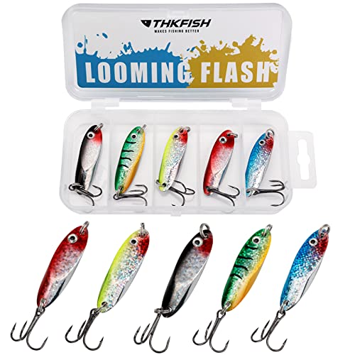 THKFISH Fishing Lure Spoons Trout Spoons for Fishing Jigging with Hooks - color: Color 1#, size: ['1/8 oz - 5 pieces']