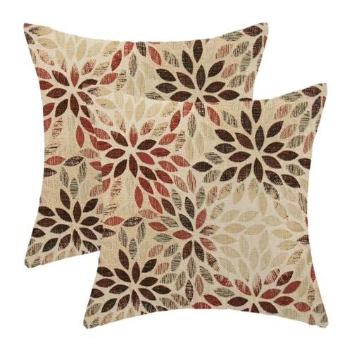 AEIOAE Burgundy Red Pillow Covers 18 x 18 Inch Set of 2, Rustic Geometric Dahlia Flower Decorative Throw Pillow Covers Farmhouse Floral Cushion Covers for Couch Home Sofa Outdoor Decor - color: Burgundy Red Floral, size: 18" x 18" (Pack of 1)