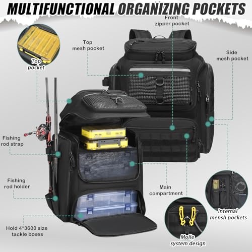 HAMBOLY Fishing Backpack 45L with Rod Holders, Water-Resistant Tackle Backpack for Fishermen, Large Capacity Fishing Gear Bag for Travel Hiking Camping - color: Black