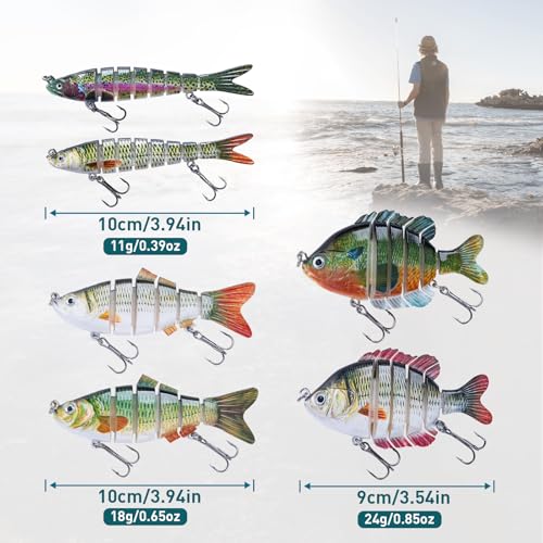 Goture Bass Fishing Lures, Lifelike Jointed Swimbait for Bass Trout Walleye Crappie Pike, Slow Sinking Segment Swimming Bait Fishing Lures for Freshwater and Saltwater, Gifts for Men - color: E1:6pcs Bass Lures with 20pcs Snaps