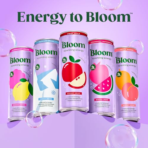 Bloom Nutrition Sparkling Energy Drink for Focus, Natural Caffeine, Zero Sugar, 180mg Caffeine, Antioxidant-Rich with Green Coffee Bean, Green Tea Extract, & Prebiotics, Raspberry Lemon 12oz 12 Pack - size: 12 Fl Oz (Pack of 12)