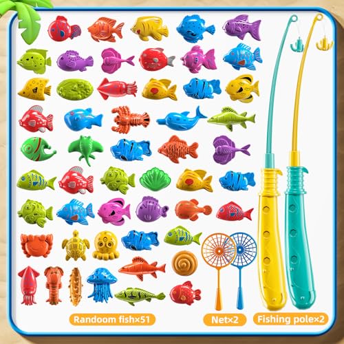TEMI Fishing Toy Game for Kids 3 4 5 6 7 8 Years Old, 51 Fish Bath Playset for Toddlers, Toy Magnetic Rod and Fishing Net, Outdoor Water Toys for Kids Age 3-5, Party for Boy and Girl - size: 51 Fish