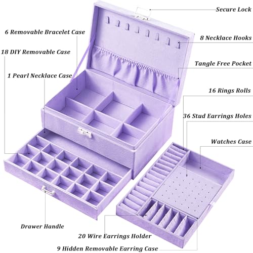 QBestry 3-Layer Jewelry Box for Girls & Teens with Lock and Key, Large Jewelry Organizer with 8 Necklace Hooks & 56 Earring Holes, Violet Velvet Jewelry Storage Box for Necklace Earring Ring Bracelet - color: Violet