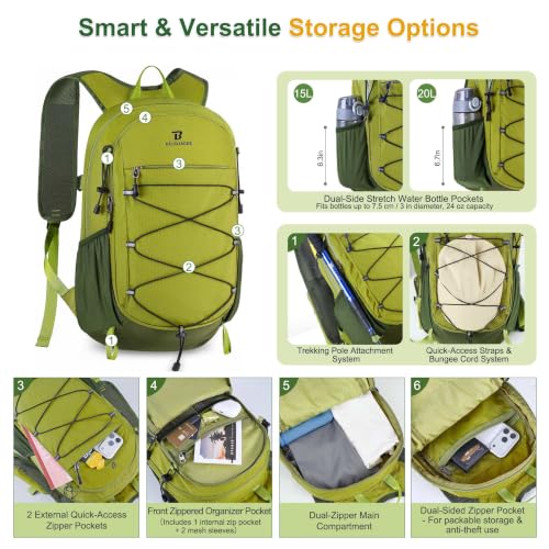 BECOJADDE Hiking Backpack 15L Small Backpack Packable Day pack Water Resistant Lightweight Travel Backpack for Women Men with Shoulder Strap Pockets for Hiking Camping Outdoor, Green - color: Green, size: 15L