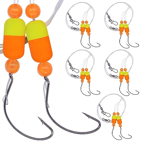 Pompano-Rigs-for-Surf-Fishing-Saltwater-Gear with Double Circle & Wide Gap Hook-6-Pack Surf Fishing Tackle - color: Orange and Yellow 3/4"Floats 6-Pack, size: #2 Wide Gap Hook