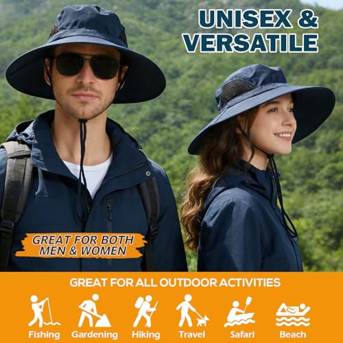 Wide Brim Sun Bucket Hat, Waterproof Boonie Hat for Men & Women | UPF 50+ UV Protection, Adjustable Fit, Chin Strap & Sweatband, Foldable Durable for Fishing Hiking Garden Beach - color: 01 Navy Blue