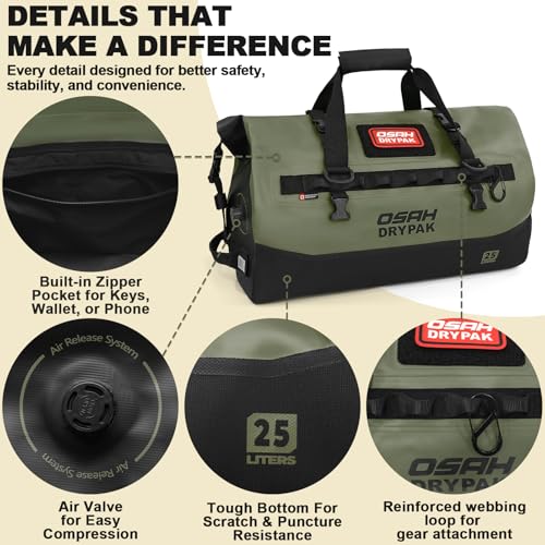 OSAH DRYPAK Waterproof Duffel Bag 25L/40L/60L – Heavy-Duty Motorcycle Tail Bag, Roll-Top Dry Bag for Travel, Camping, Boating, Kayaking, Outdoor Adventure - color: OLIVE, size: 25L