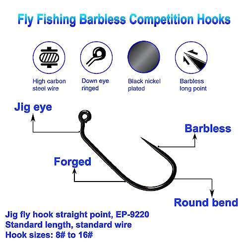 Eupheng 100pcs Plus Best Barbless Competition Fly Fishing Hook Collection, Dry Nymph Strimp&Pupa, Pupa jig Fly Hooks High Carbon Competition Hook - color: Jig Fly Hook Straight Point EP-9220, size: 8#